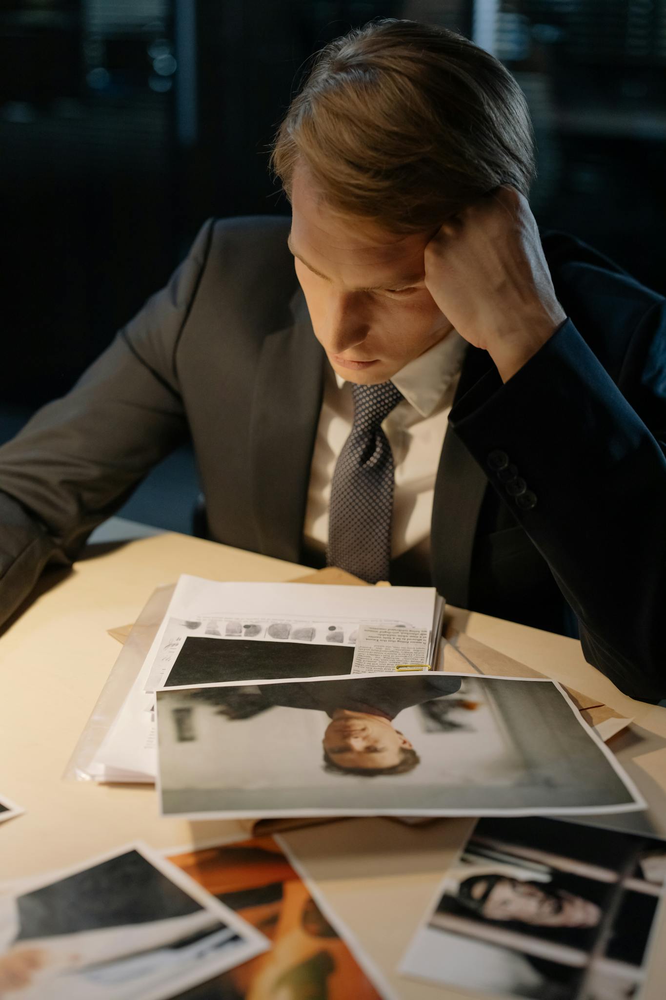 Focused detective examining evidence in a dimly lit room, portraying mystery and investigation.
